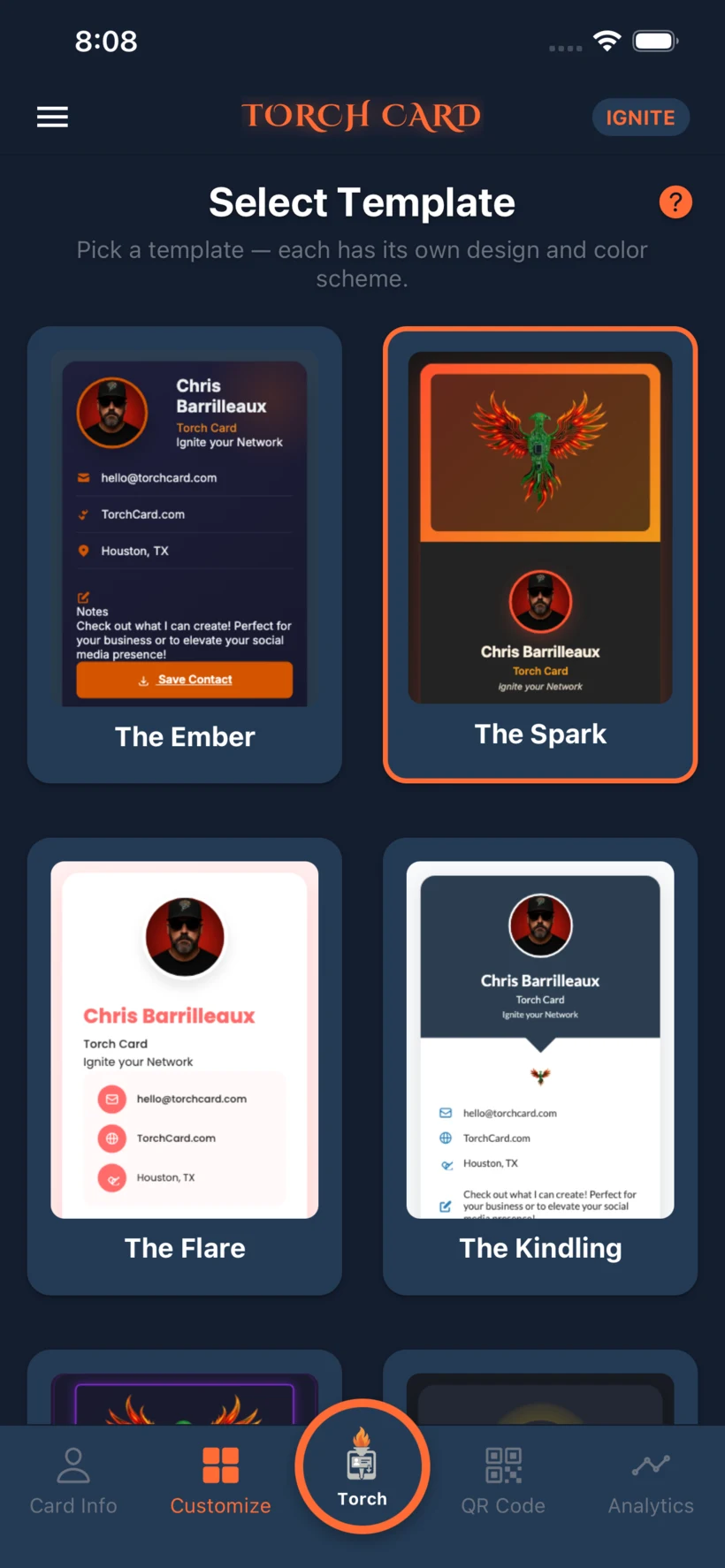 Torch Card template selector screen